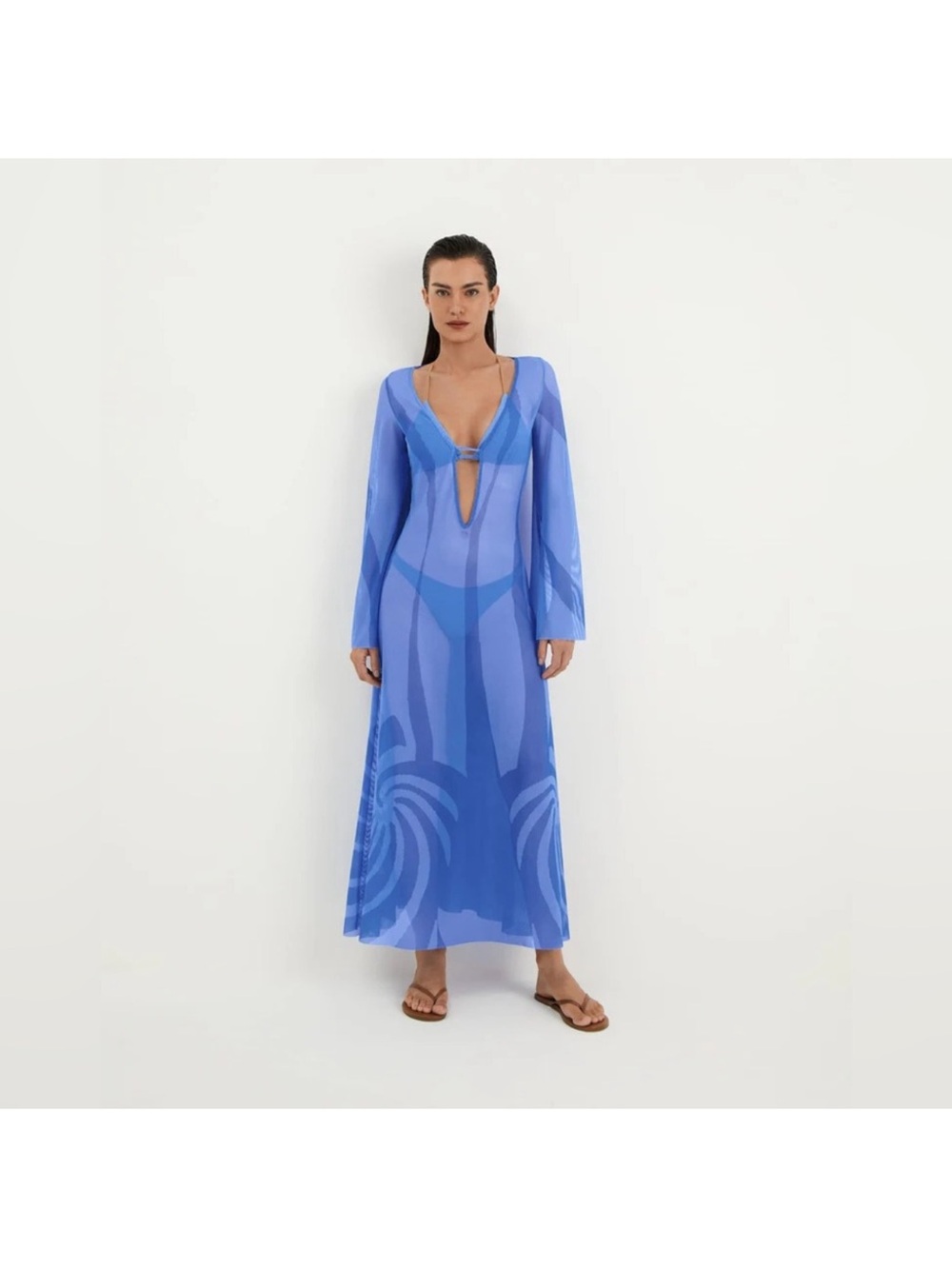 NWT Caroline Constas Blue Long-Sleeve Sheer Swim Cover-Up Dress Medium